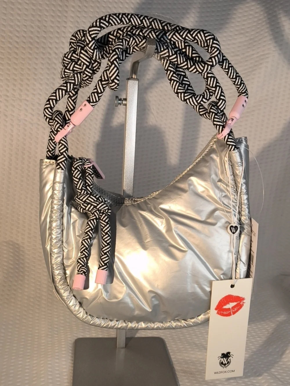 Wildfox HBWF-224-0070-30Silver Puffer Shoulder Bag with Black & White Rope Strap